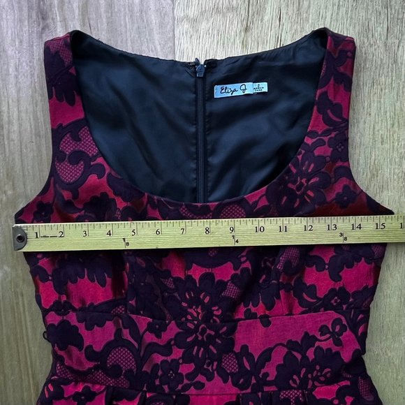ELIZA J Shimmery Red A Line Black Floral Lace Zip Back Dress sz 2 - Picture 8 of 10